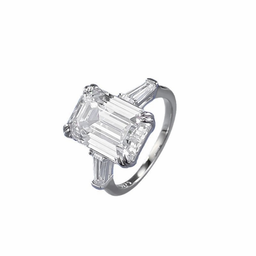 6CT Emerald Cut High Carbon Diamond Ring S925 Silver Three-Stone Engagement Ring - Picture 5 of 5